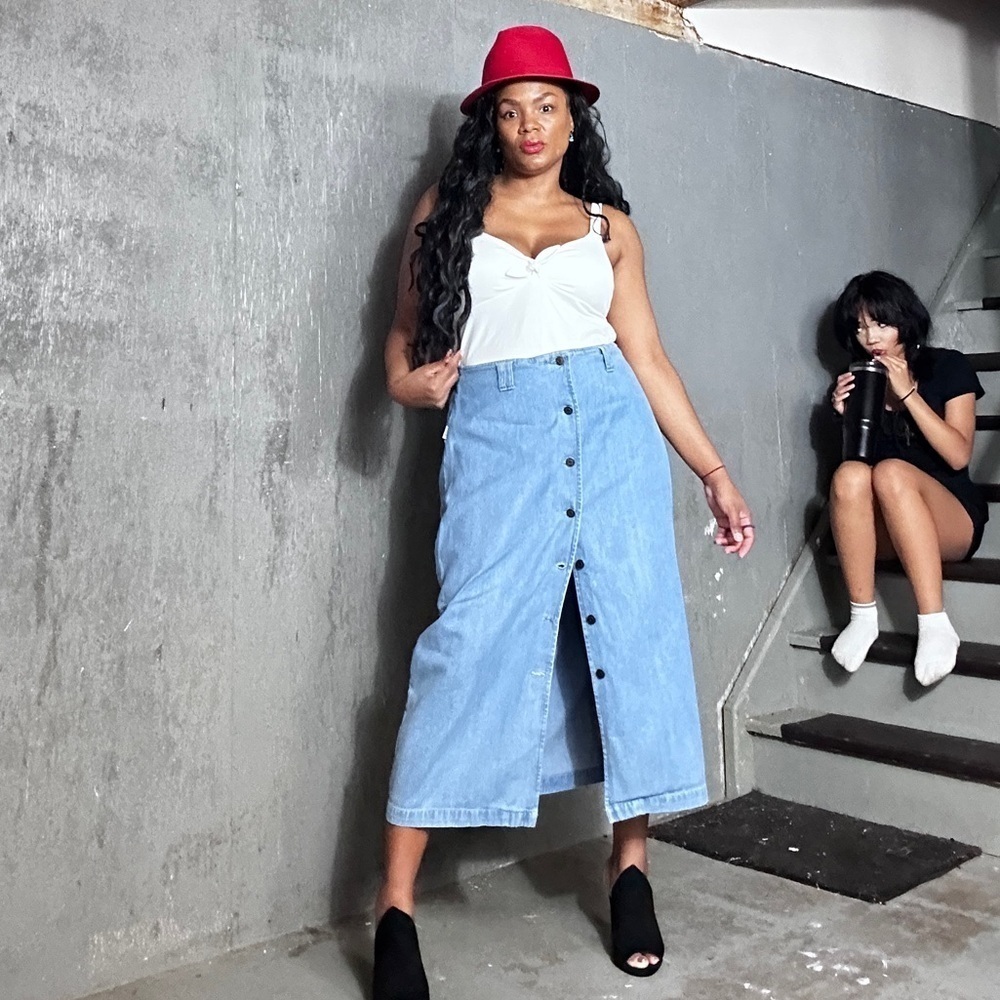 Vintage Denim Midi Skirt, fits 12